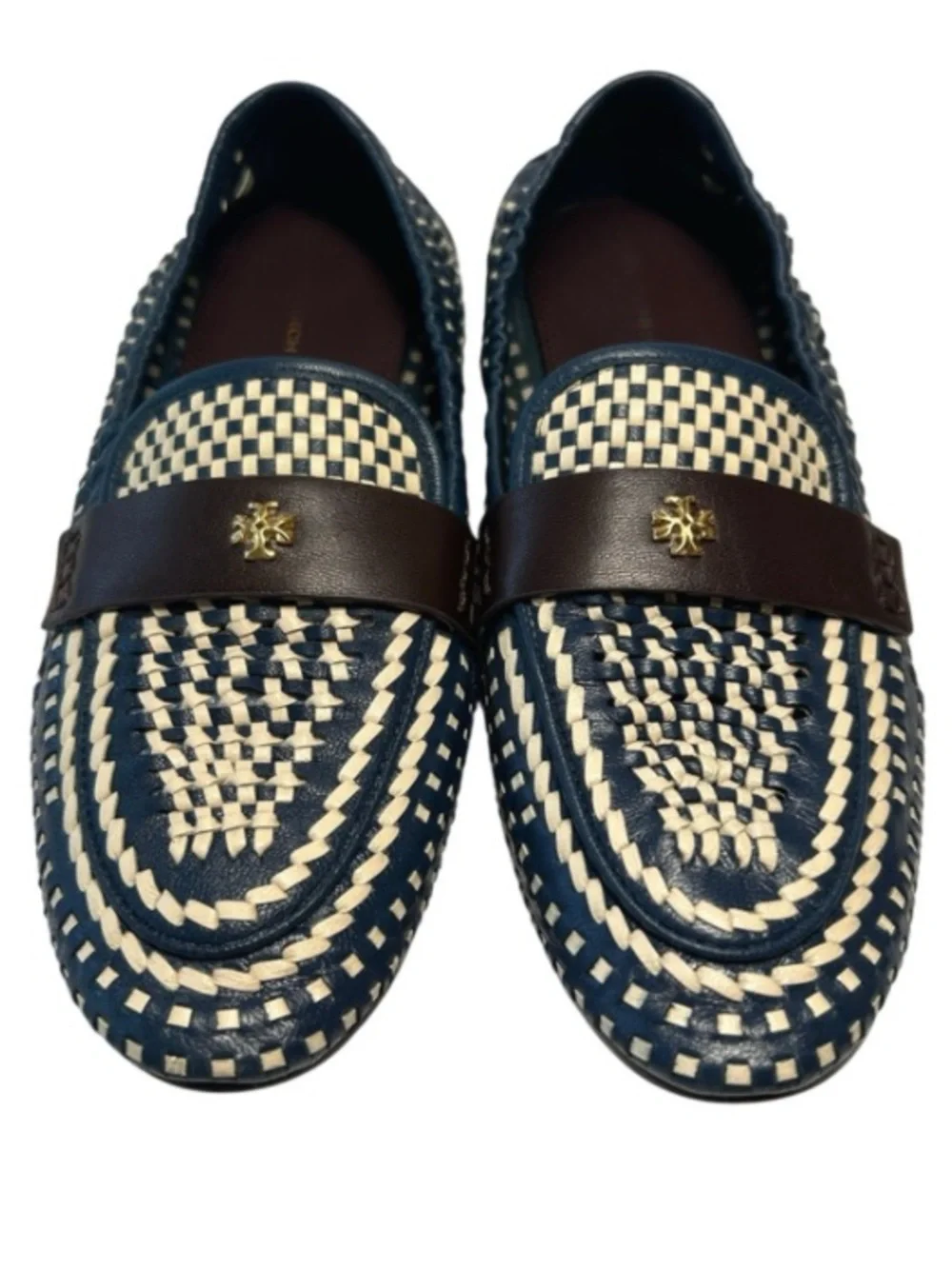 Tory Burch Woven Leather Ballet Loafers, slip-on, almond toe, double-T logo.
